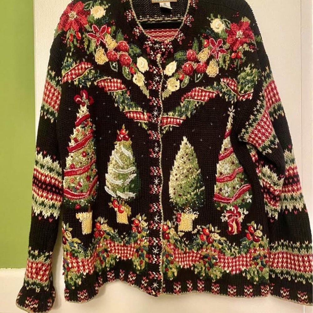 Unique button up beaded Christmas sweater XL